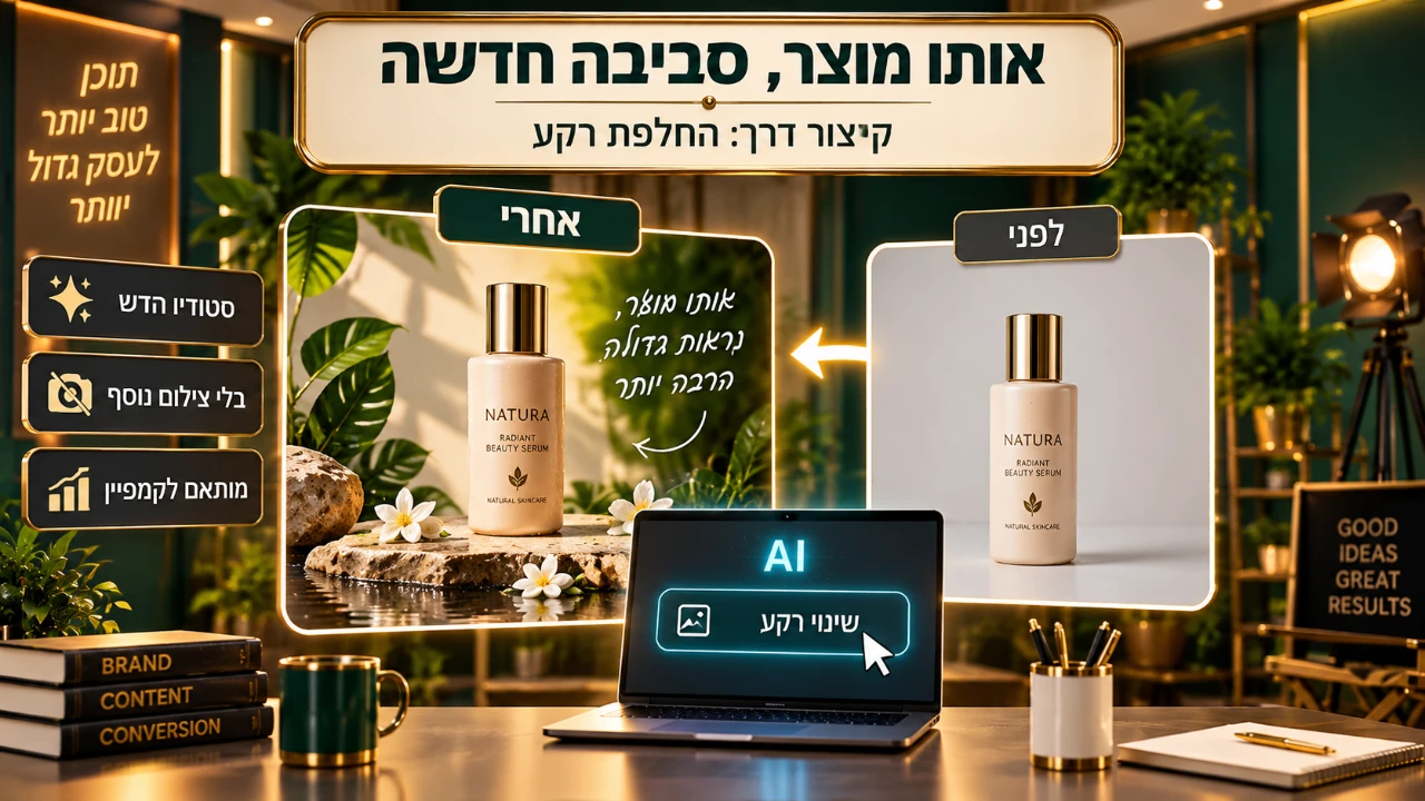 לפני ואחרי של החלפת רקע למוצר באמצעות AI ללא צילום מחדש
