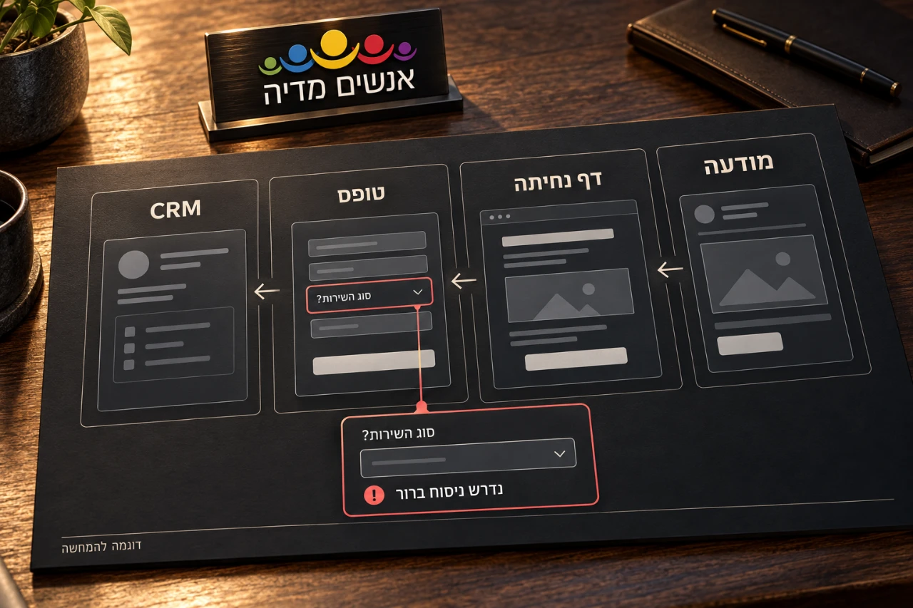 מסלול ממודעה דרך דף נחיתה וטופס אל CRM, עם סימון שדה שירות הדורש הבהרה.
