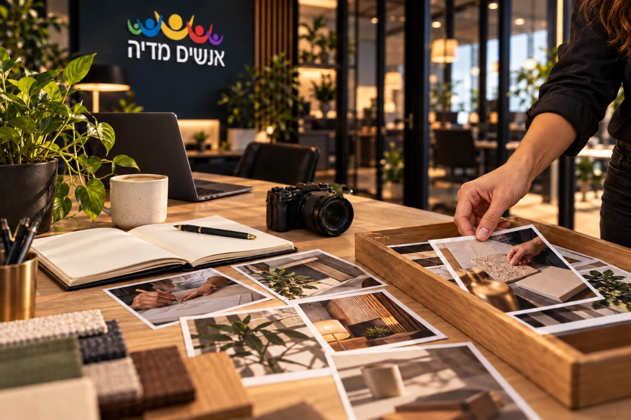 מיון תצלומי עבודה וחומרי גלם למאגר רעיונות על שולחן במשרד