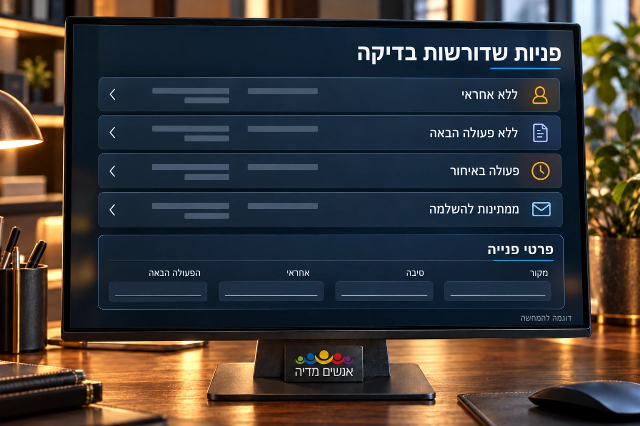 מסך המחשה של פניות ללא אחראי, ללא פעולה הבאה, עם פעולה באיחור או הממתינות להשלמה.