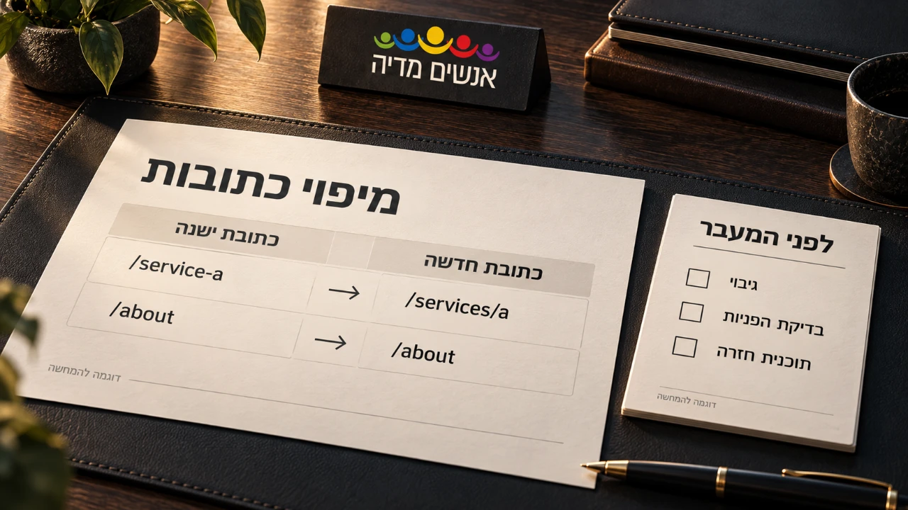 מיפוי כתובות לדוגמה ורשימת בדיקה למעבר אתר הכוללת גיבוי, הפניות ותוכנית חזרה