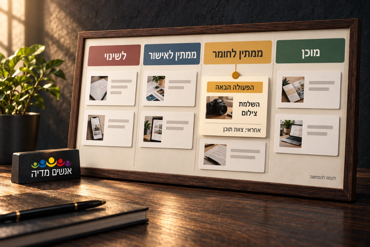 לוח בדיקה שבועית עם מצבי עבודה וכרטיס פעולה להשלמת צילום חסר באחריות צוות התוכן.