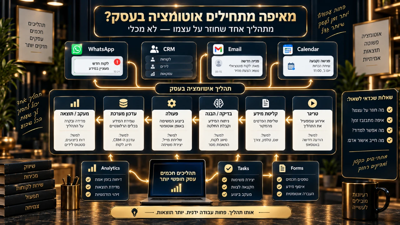 תהליך אוטומציה עסקית המחבר WhatsApp, CRM, אימייל, יומן, טפסים ומשימות לתהליך מדיד אחד