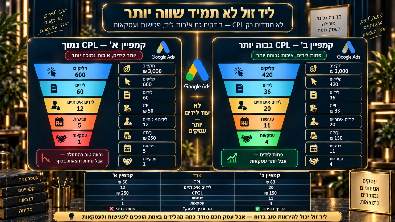 השוואה בין מחיר ליד נמוך לבין איכות לידים, פגישות ועסקאות בקמפיין Google Ads