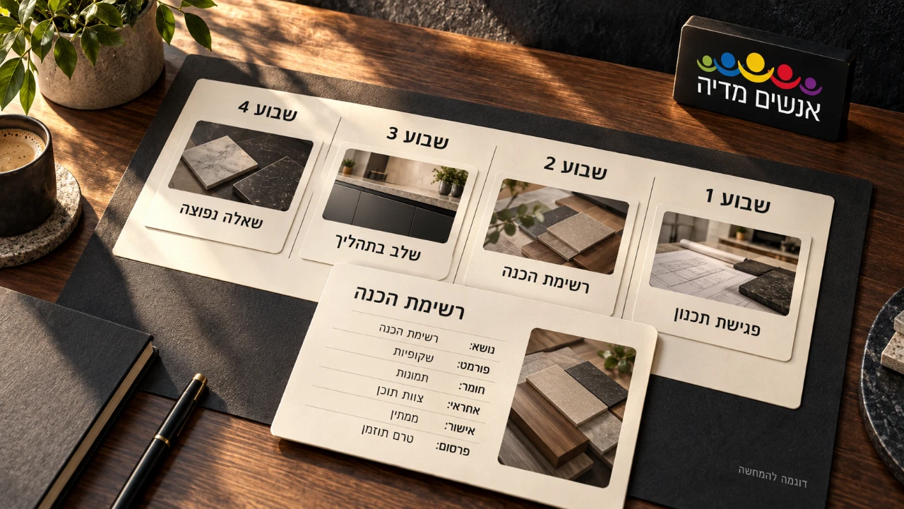 לוח תכנון לארבעה שבועות עם כרטיס תוכן הכולל חומר נדרש, אחראי ומצב אישור ופרסום.