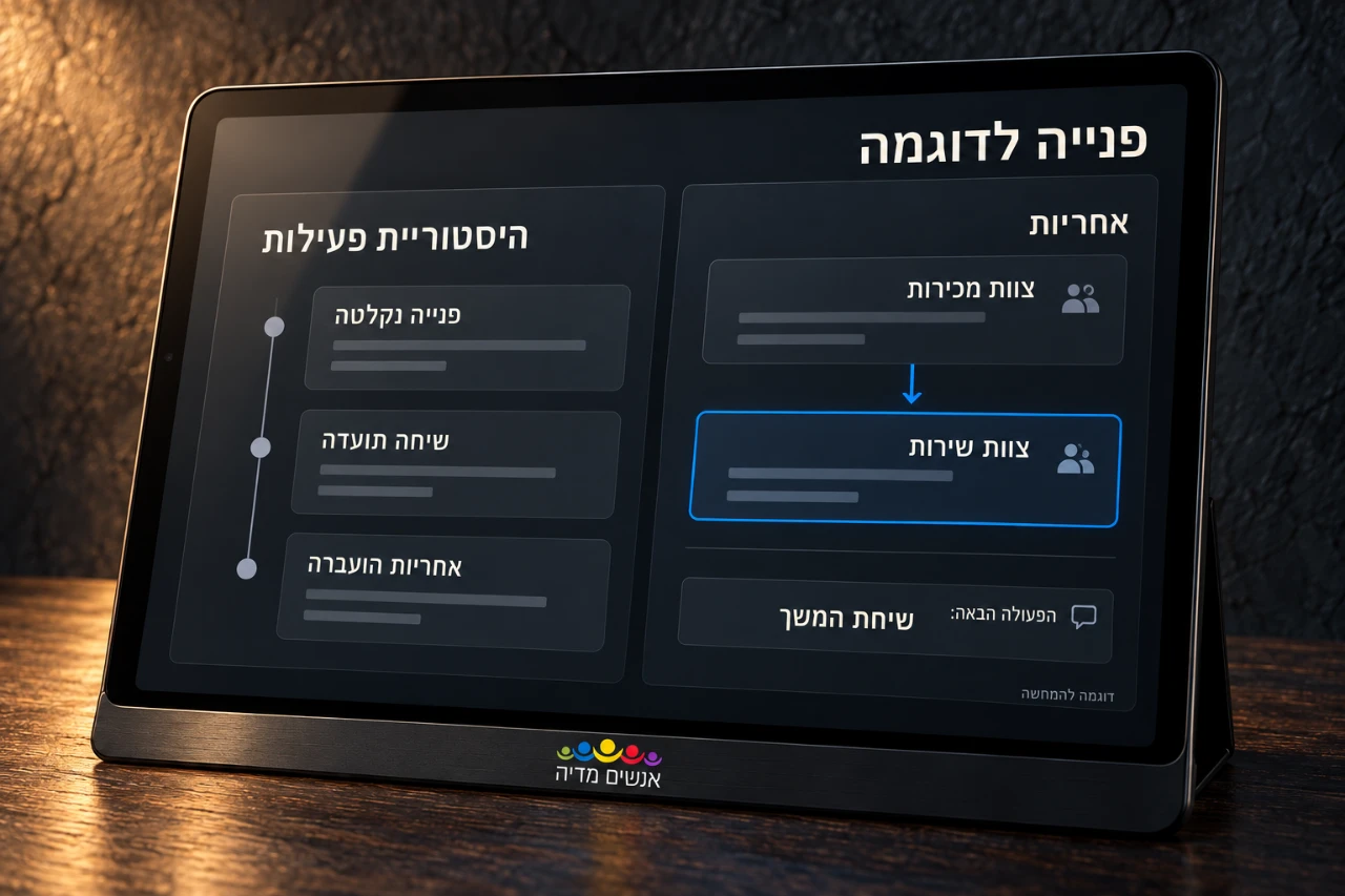 הדמיית העברת אחריות מצוות מכירות לצוות שירות לצד היסטוריית הפעילות והפעולה הבאה