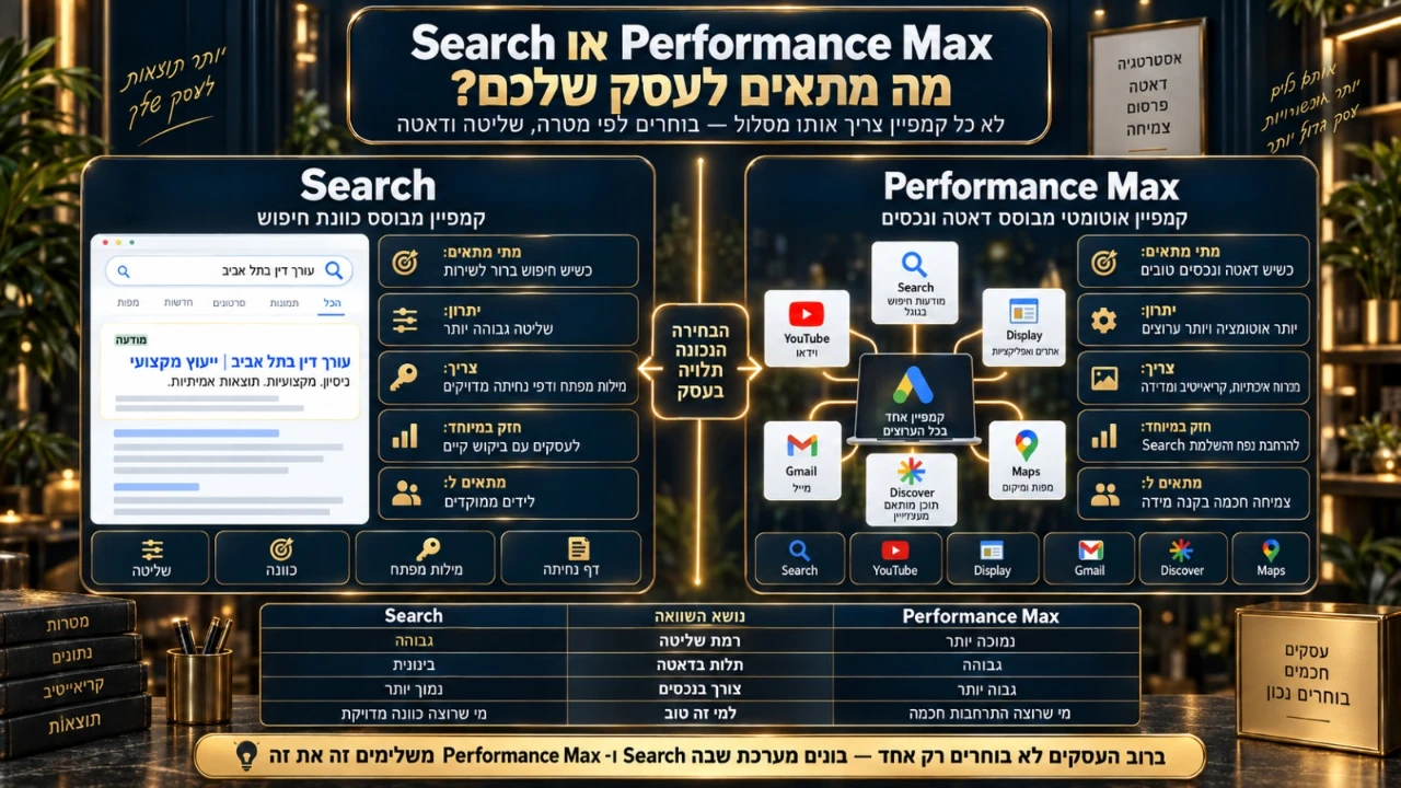 השוואה בין קמפיין Search ל־Performance Max לעסקים לפי שליטה, כוונת חיפוש, דאטה ואוטומציה