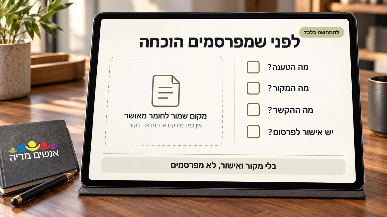 מסך עם מקום שמור לחומר מאושר ורשימת בדיקה לטענה, מקור, הקשר ואישור לפרסום.