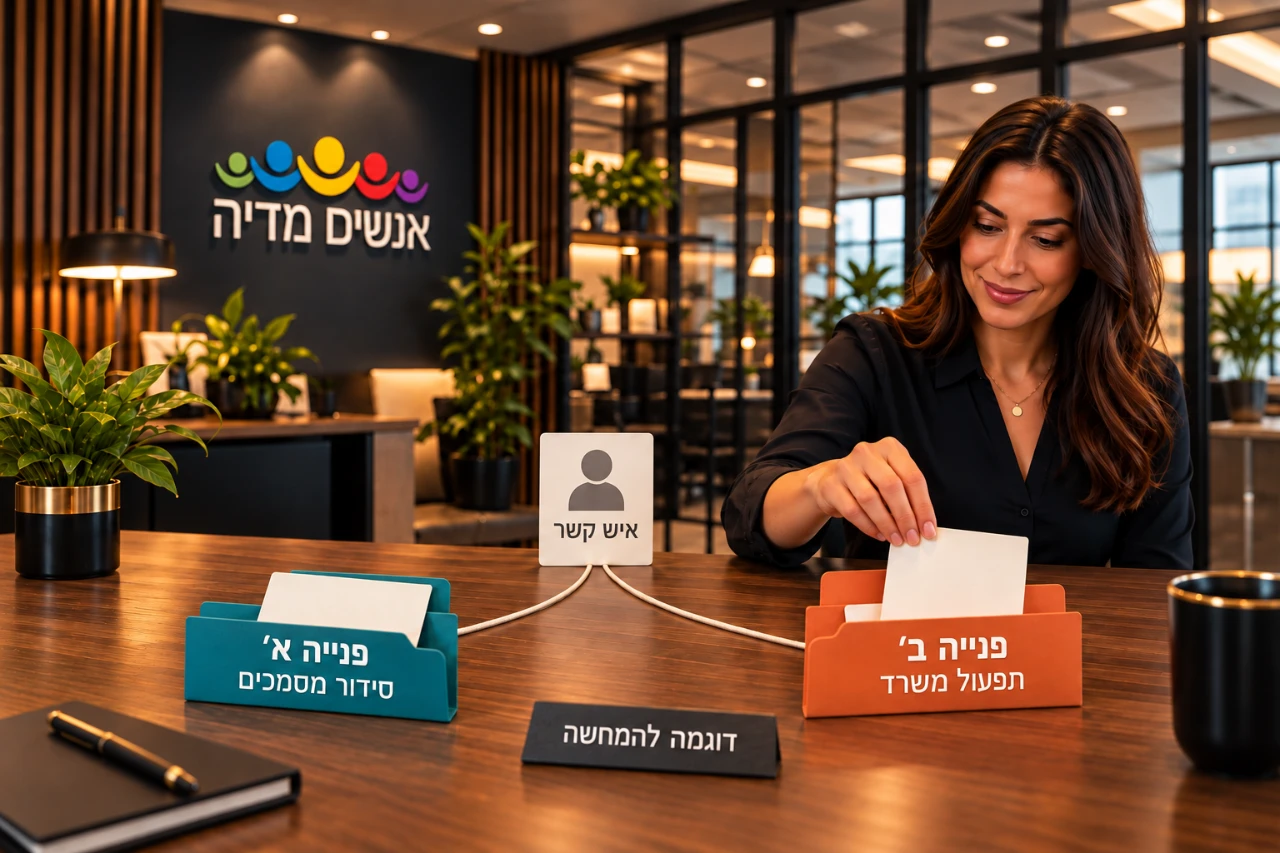 איש קשר אחד מקושר לשתי תיקיות פנייה נפרדות: סידור מסמכים ותפעול משרד.