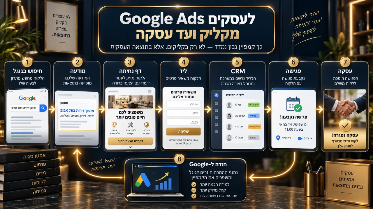 מסלול Google Ads לעסק מחיפוש ומודעה דרך דף נחיתה, ליד ו־CRM ועד פגישה ועסקה
