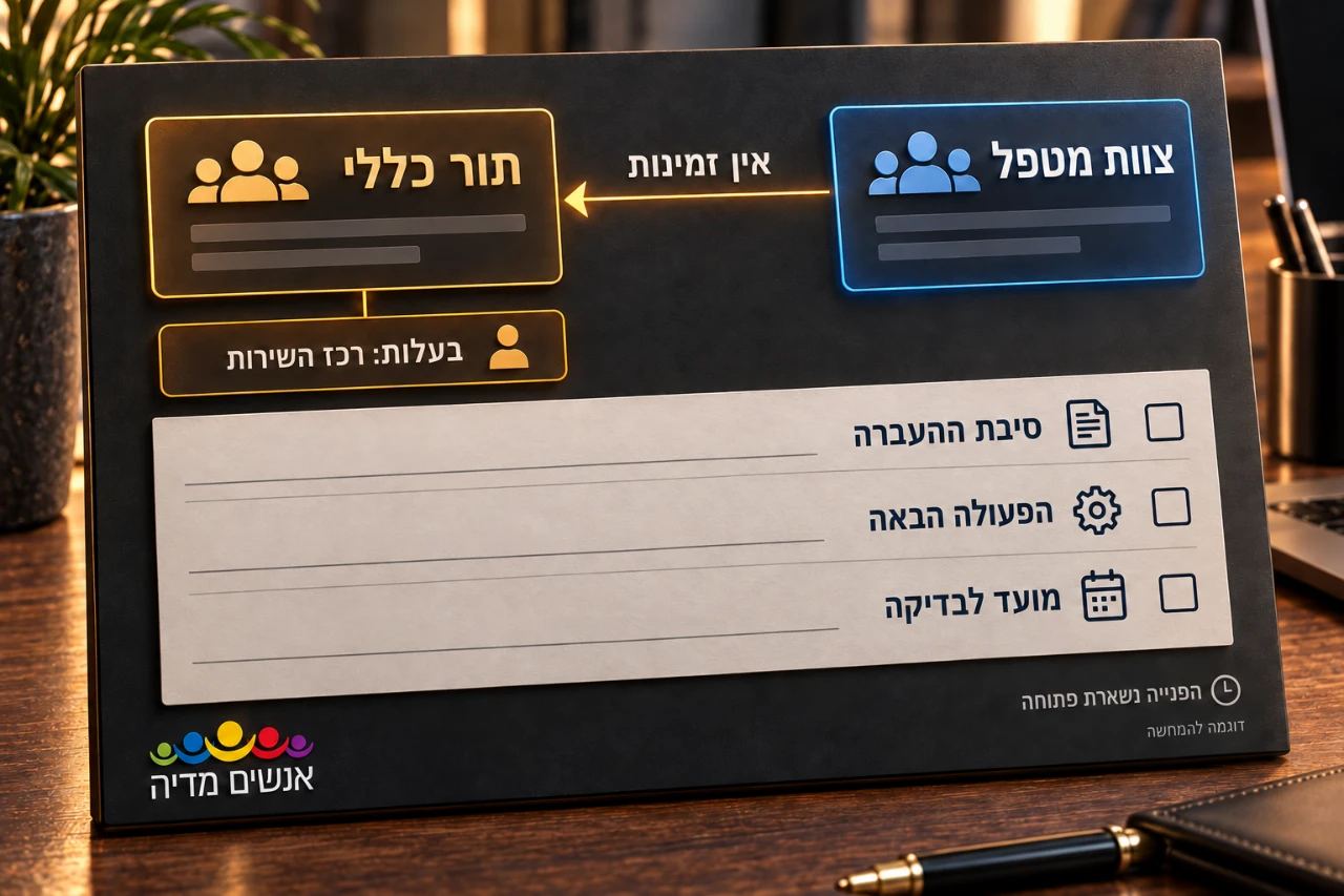 תרשים העברה מצוות מטפל שאינו זמין לתור כללי בבעלות רכז השירות, עם סיבת העברה ופעולה הבאה.