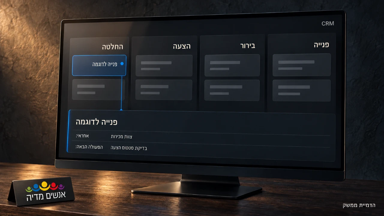 הדמיית CRM בגווני פחם עם שלבי טיפול בפנייה, צוות אחראי ופעולה הבאה