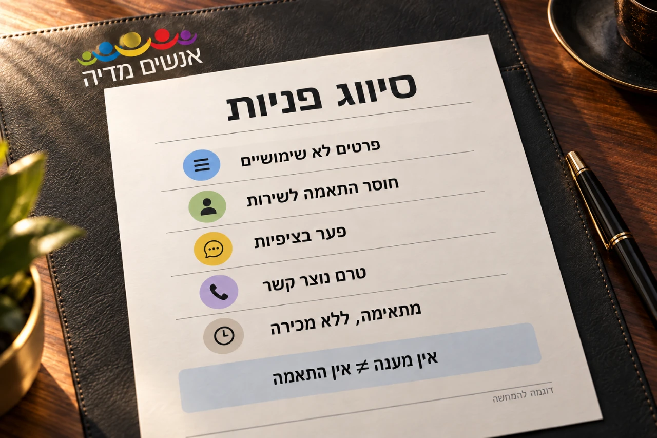 חמש קטגוריות לבדיקת פניות: פרטים, התאמה לשירות, ציפיות, יצירת קשר והתקדמות למכירה.