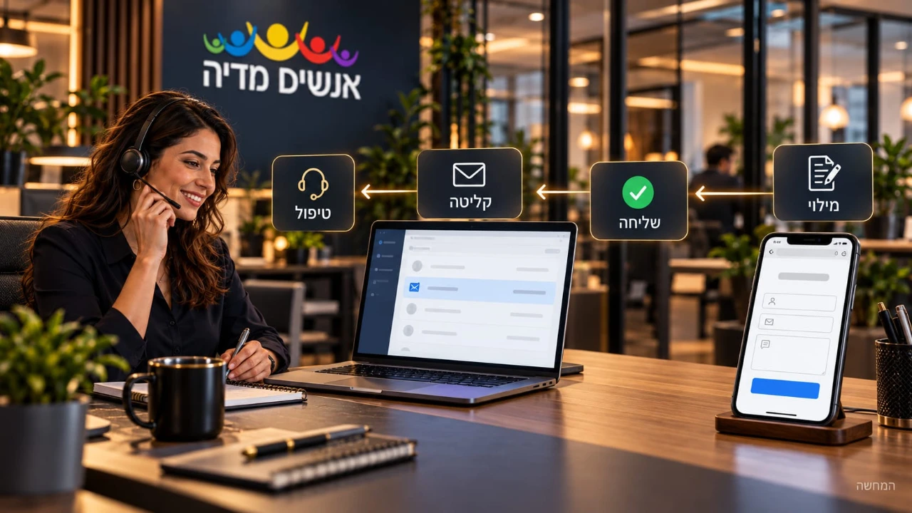 המחשה של בדיקת טופס בטלפון קליטת הפנייה במחשב והעברתה לטיפול במשרד אנשים מדיה