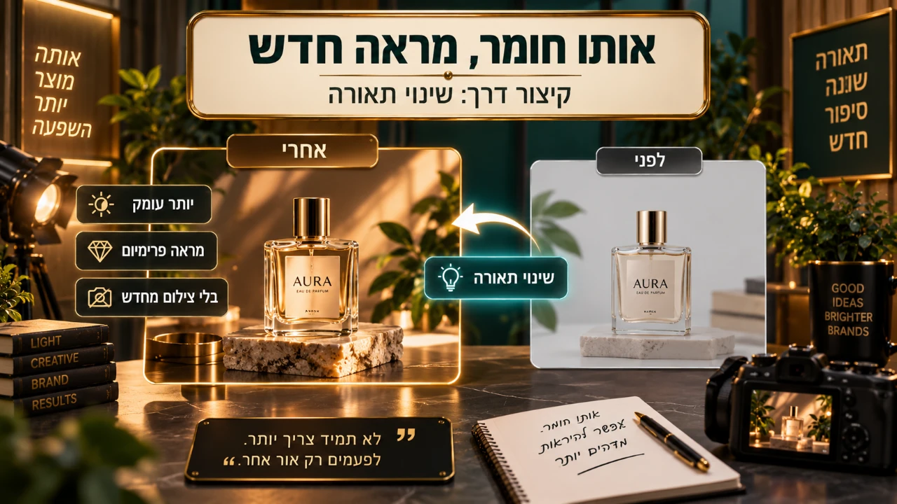 לפני ואחרי של שינוי תאורה לתמונה או וידאו באמצעות AI