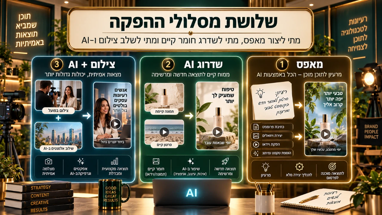 שלושה מסלולים ליצירת סרטוני AI לעסק — AI מאפס, שדרוג חומר קיים וצילום משולב AI