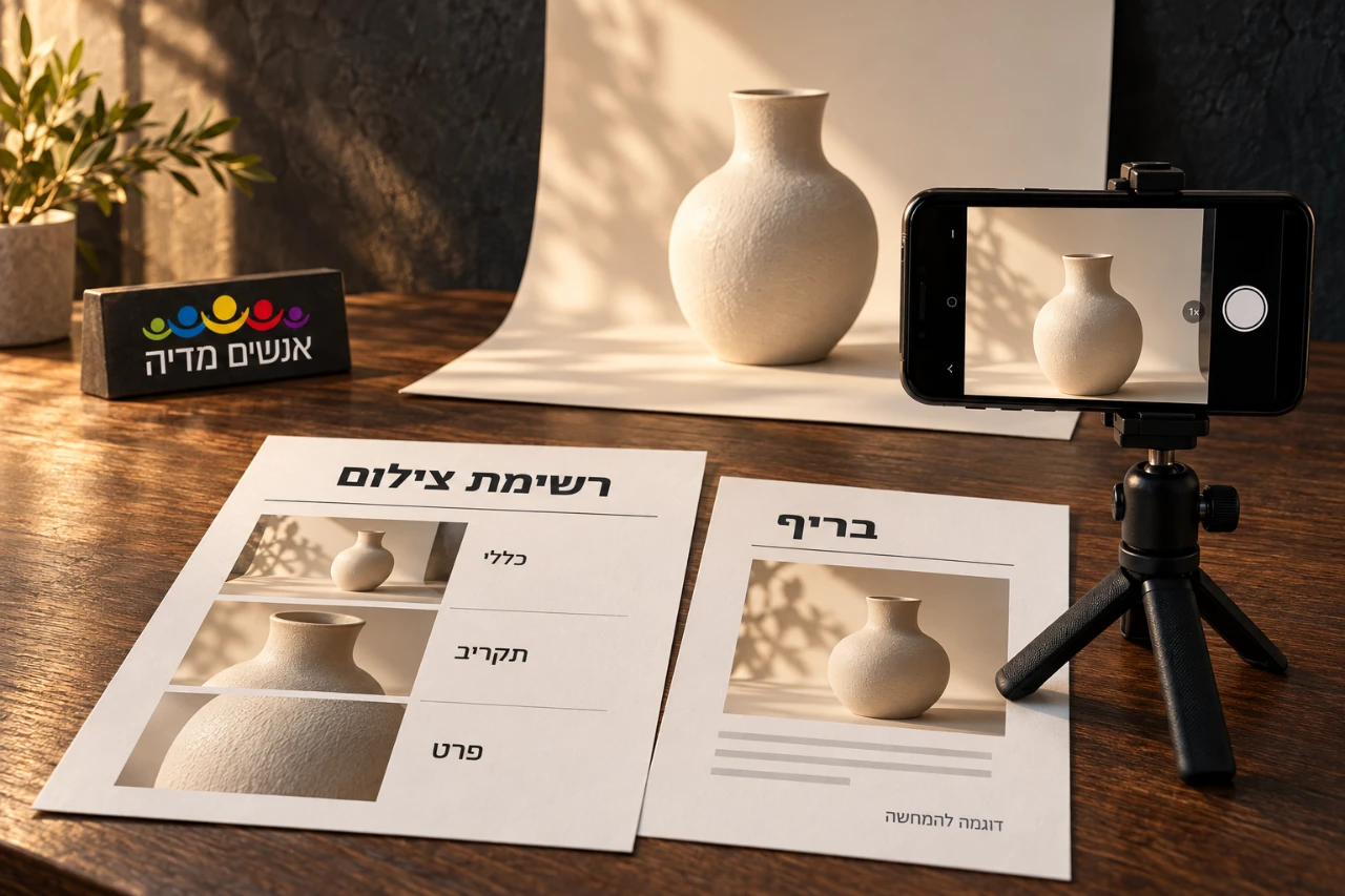 טלפון על חצובה מצלם אגרטל ללא מיתוג לצד רשימת צילום ובריף תואם.