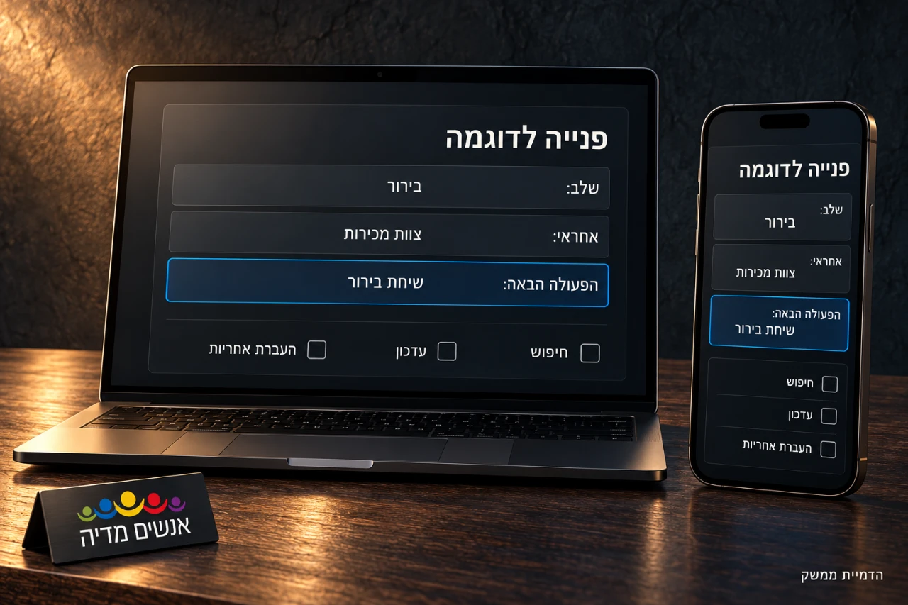 אותה פנייה לדוגמה במחשב ובטלפון, עם שלב, אחראי ומשימת המשך