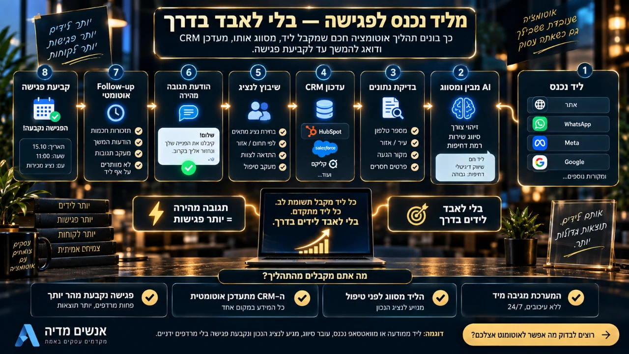 תהליך אוטומציה לניהול ליד מהקליטה והסיווג דרך CRM ופולואפ ועד קביעת פגישה