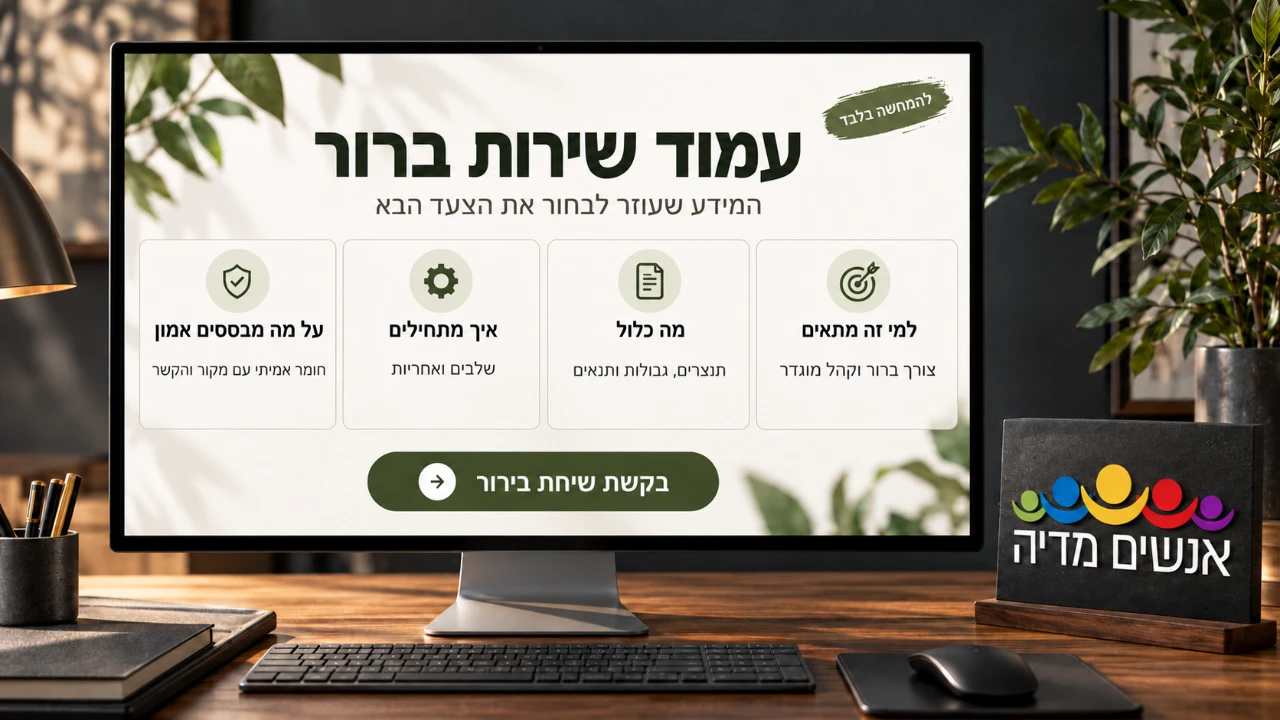 מסך המחשה של עמוד שירות המציג התאמה, תכולה, תהליך ובסיס לאמון, לצד שלט אנשים מדיה.