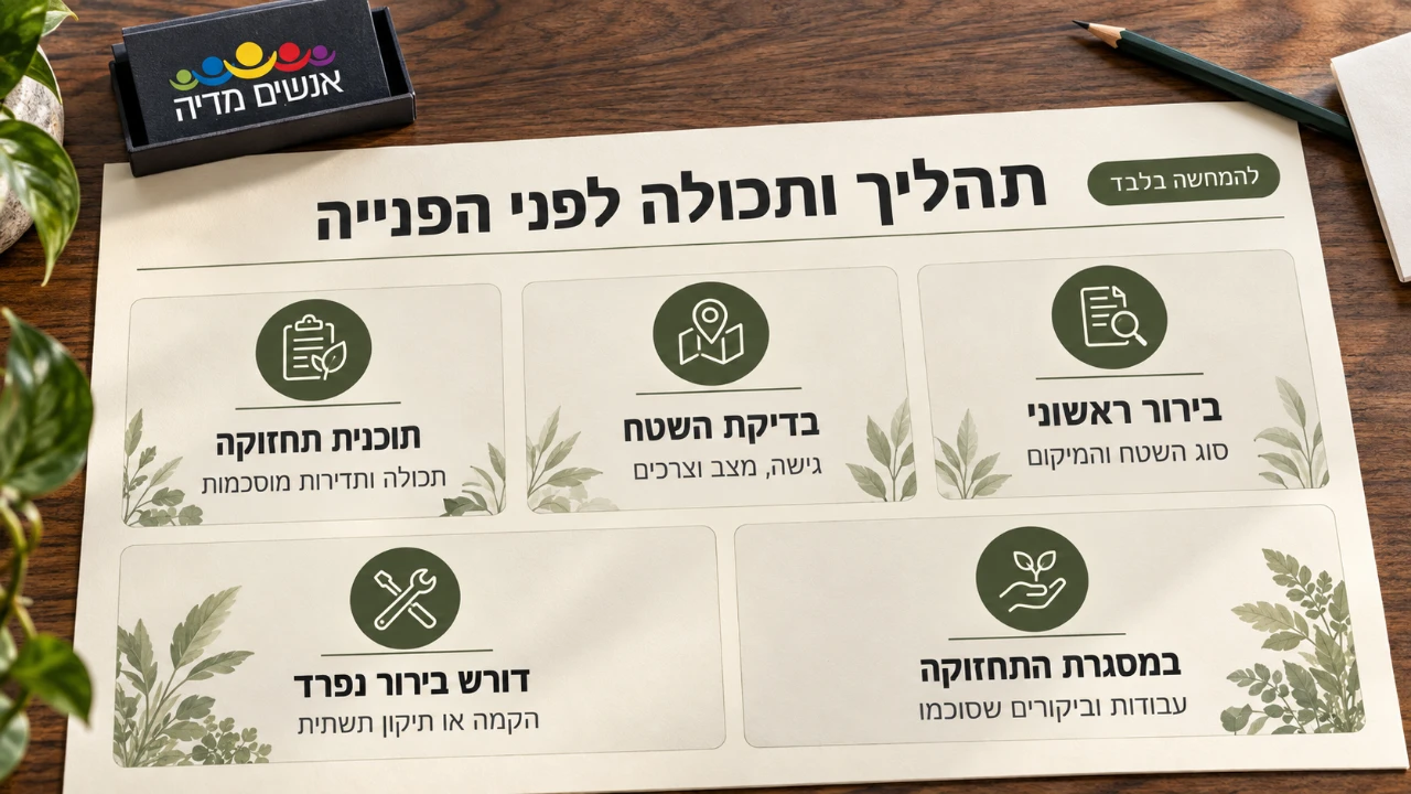 דף המחשה המציג בירור ראשוני, בדיקת שטח ותוכנית תחזוקה, עם הפרדה בין תחזוקה לעבודה שנבדקת בנפרד.