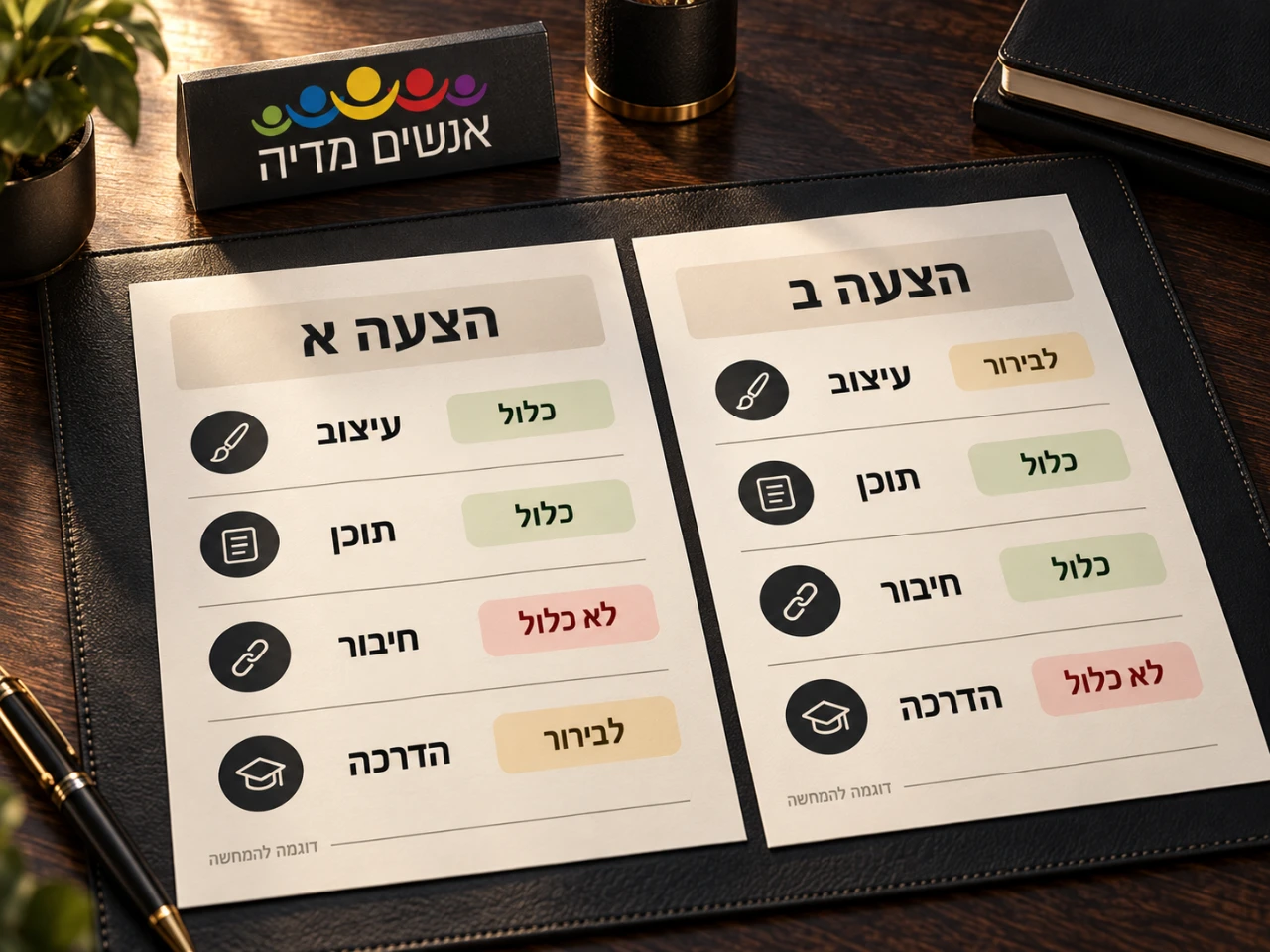 שתי הצעות לדוגמה המושוות לפי אותה רשימת תכולה