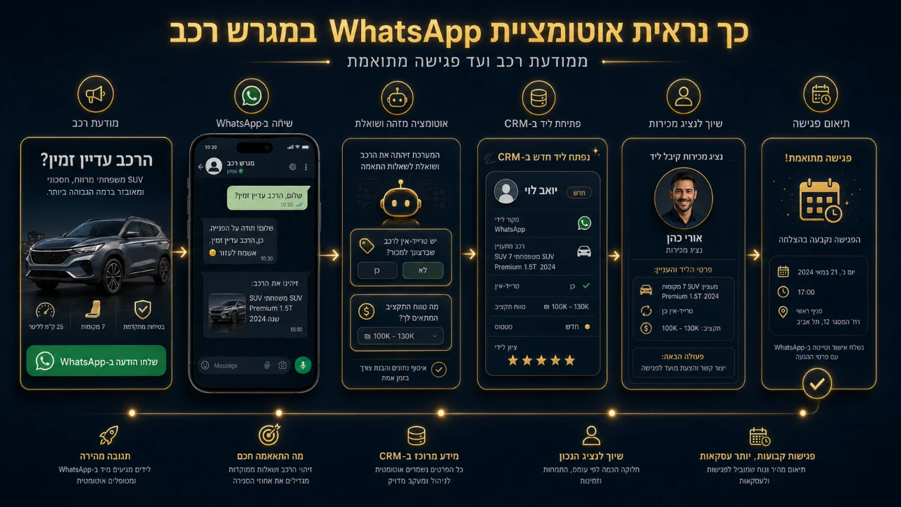 דוגמה לאוטומציית WhatsApp במגרש רכב ממודעה ועד פתיחת ליד ותיאום פגישה