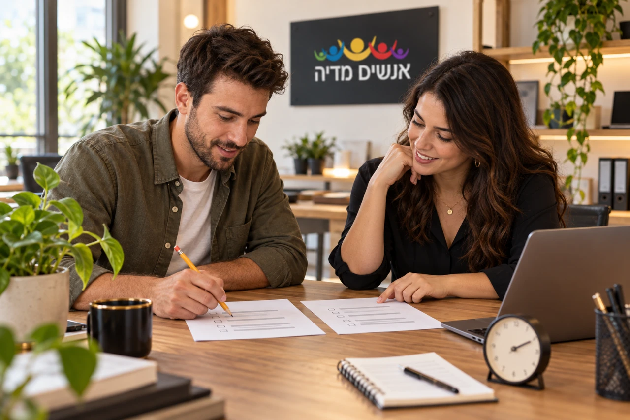 שני חברי צוות משווים דפי בדיקה ליד מחשב ושעון שולחני