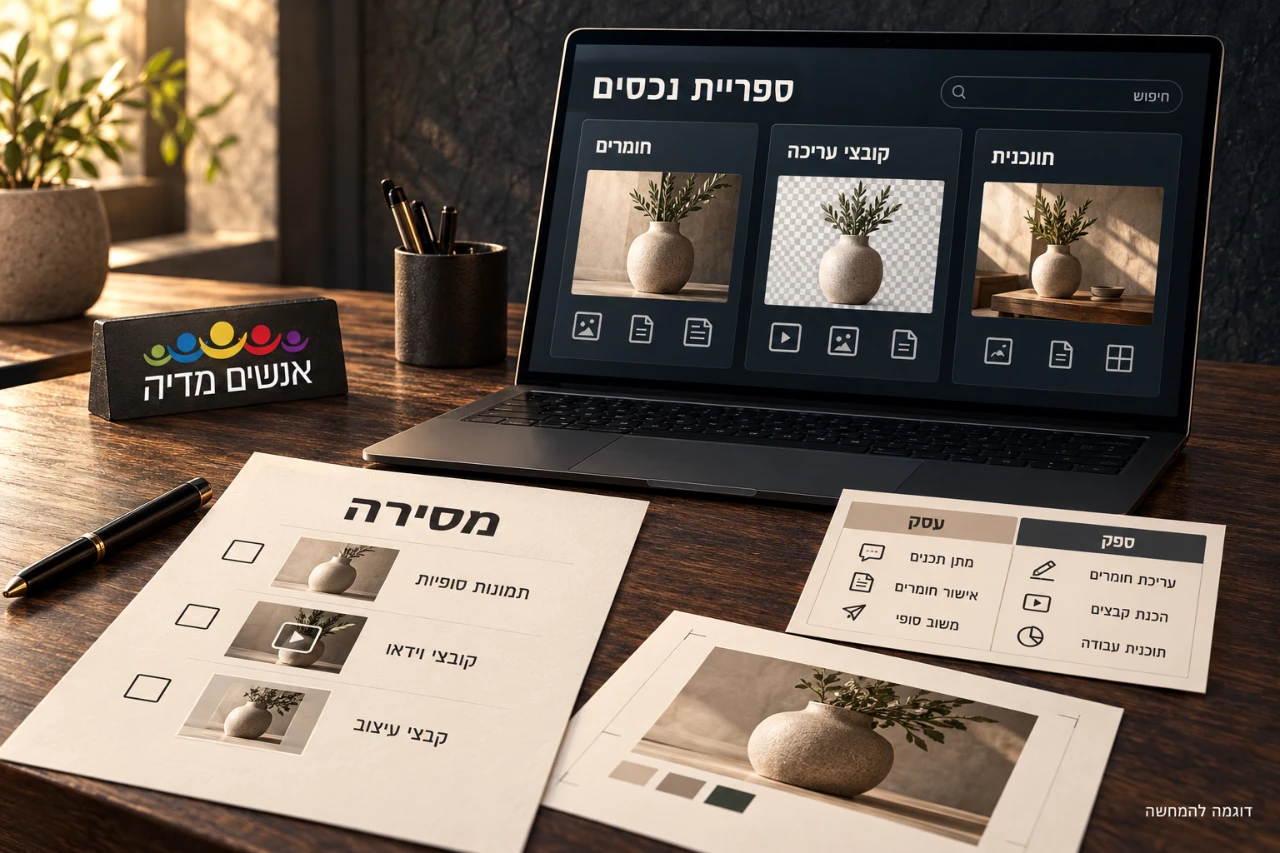 ספריית חומרים וקובצי עריכה במחשב לצד רשימת מסירה וחלוקת תפקידים לדוגמה.