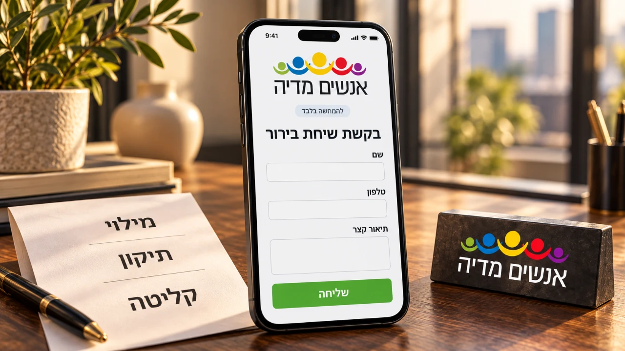 טופס פנייה להמחשה במובייל ולצדו שלבי מילוי, תיקון וקליטה
