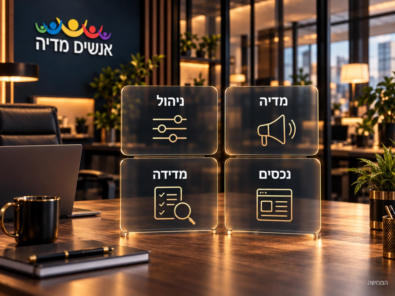 המחשה של ארבעה רכיבי הוצאה בפרסום בגוגל: מדיה, ניהול, נכסים ומדידה