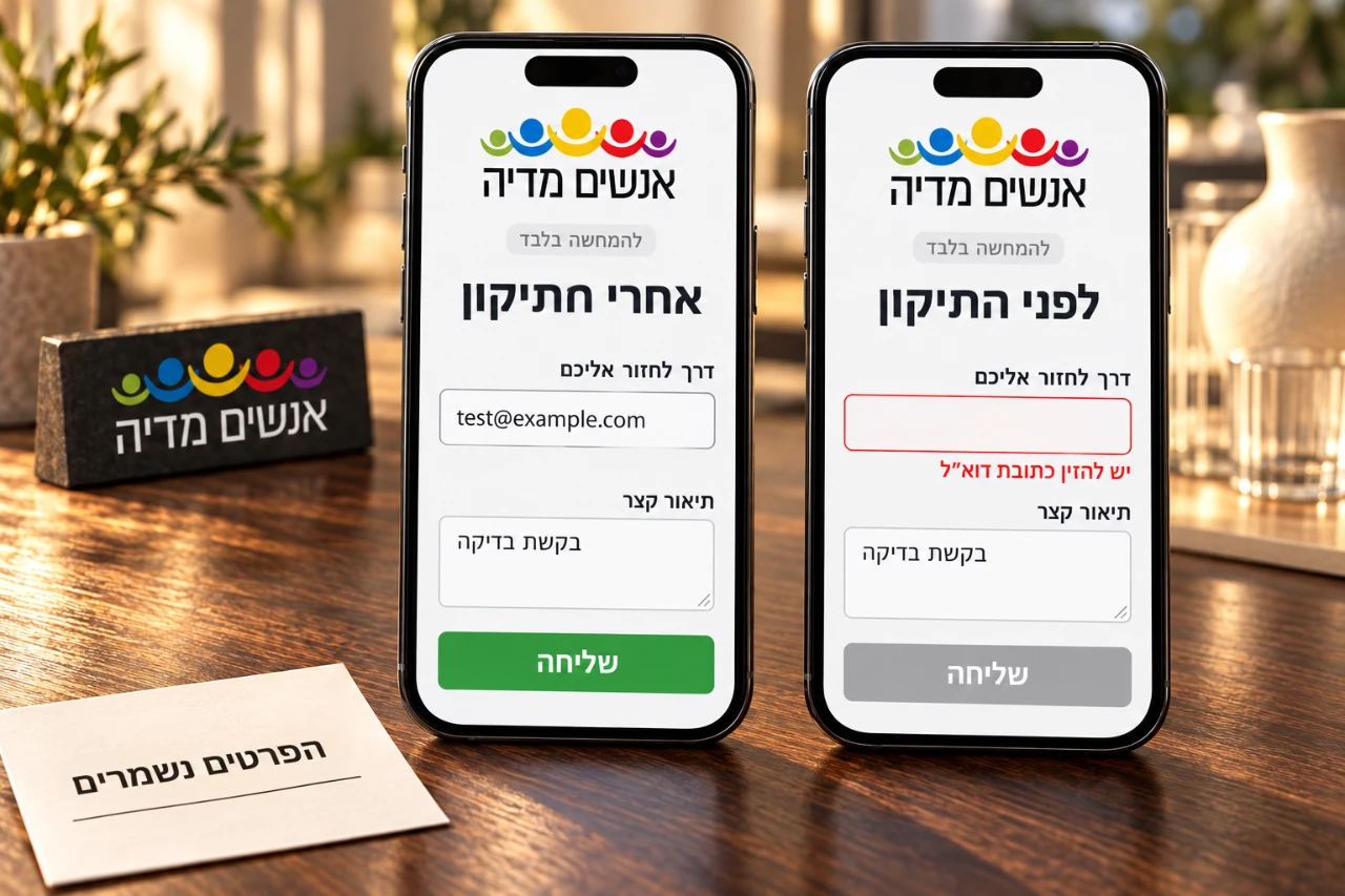 שני מסכי דוגמה מציגים שדה דואר חסר ותיקונו בלי למחוק תיאור שכבר מולא