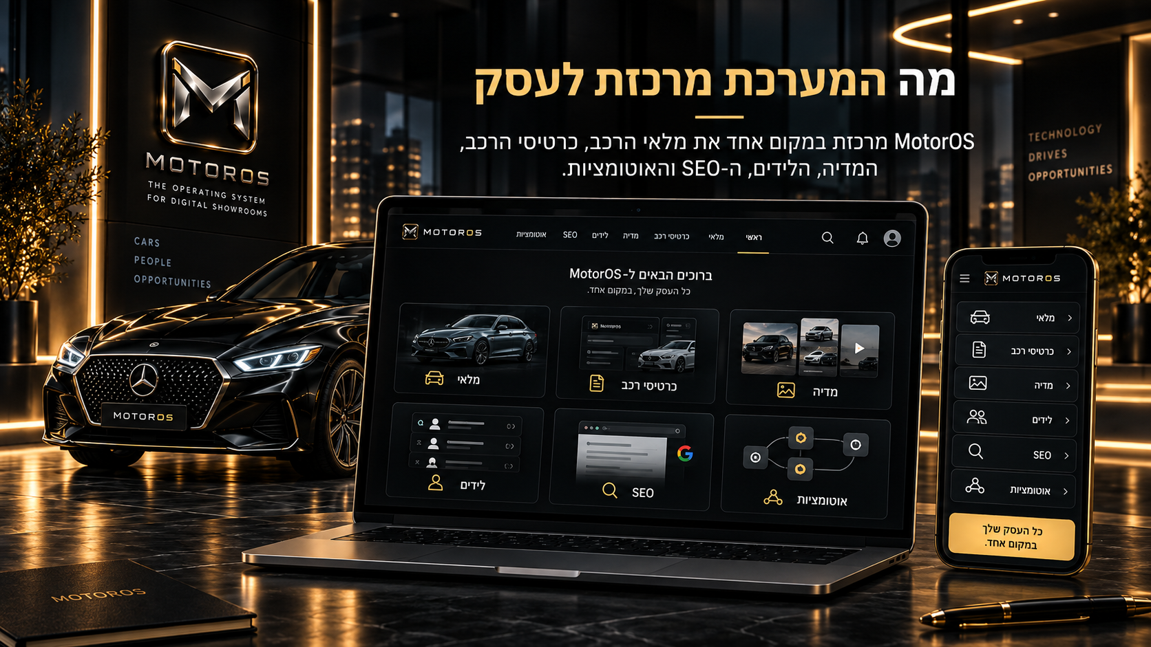 סקירת סביבת MotorOS המחברת מלאי, כרטיסי רכב, מדיה, לידים, SEO ואוטומציות